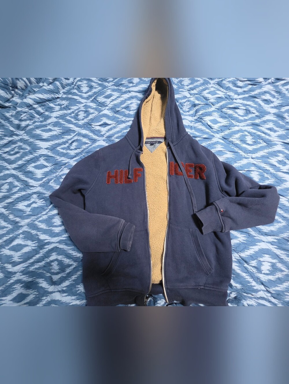 Tommy Hilfiger Navy Zip-Up Hoodie with Tan Sherpa Lining